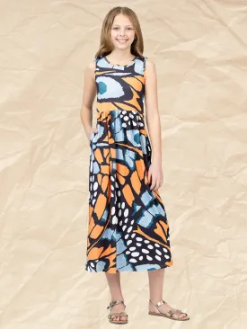 24sevenkid Girls Orange Butterfly Print Sleeveless Pocket Maxi Dress