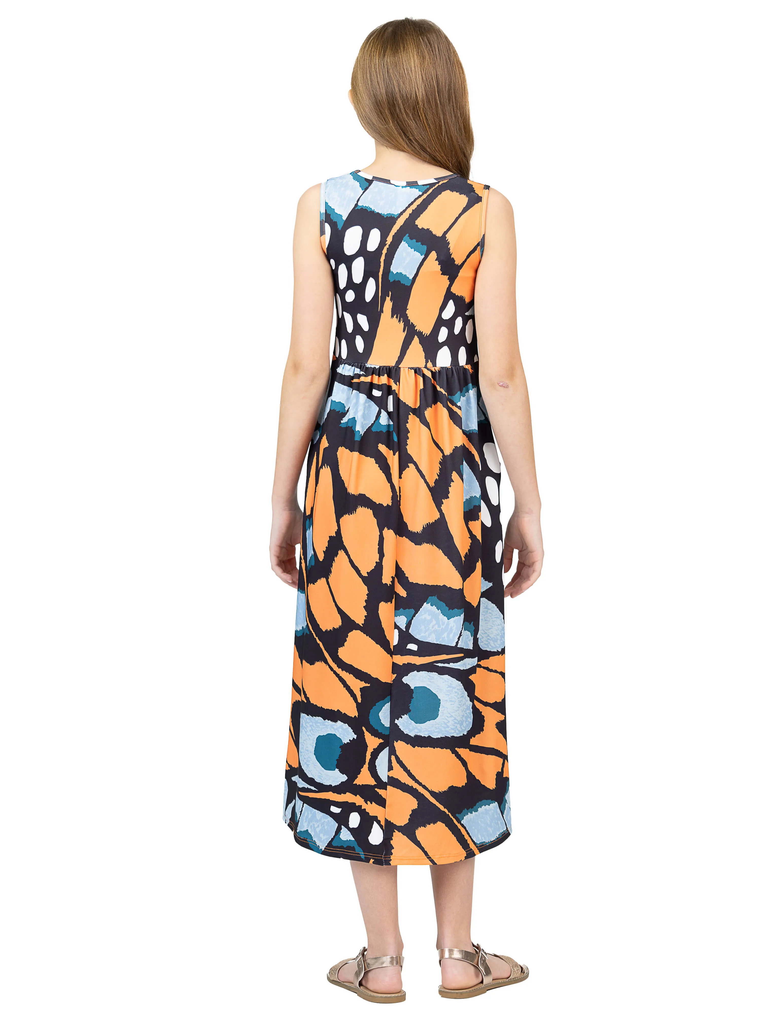 24sevenkid Girls Orange Butterfly Print Sleeveless Pocket Maxi Dress