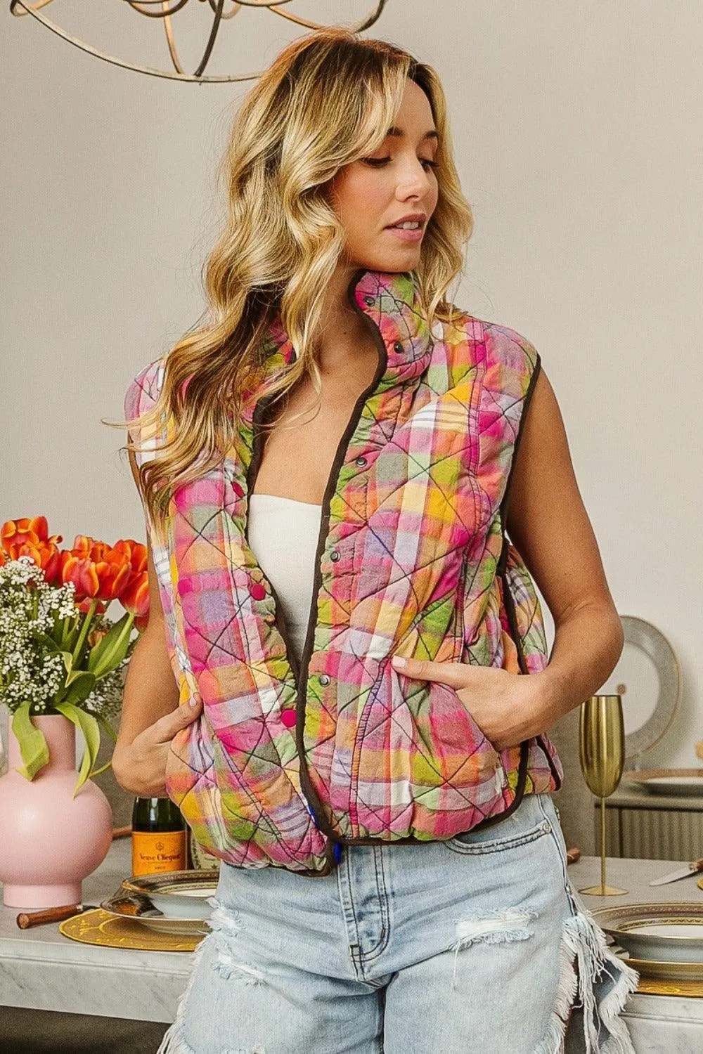 BiBi US Vest Quilted Cotton Washed Plaid Snap Down Sleeveless Outwear