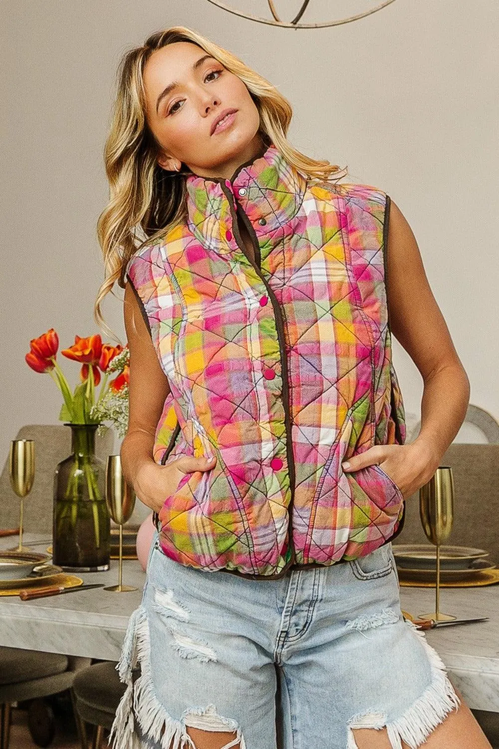 BiBi US Vest Quilted Cotton Washed Plaid Snap Down Sleeveless Outwear