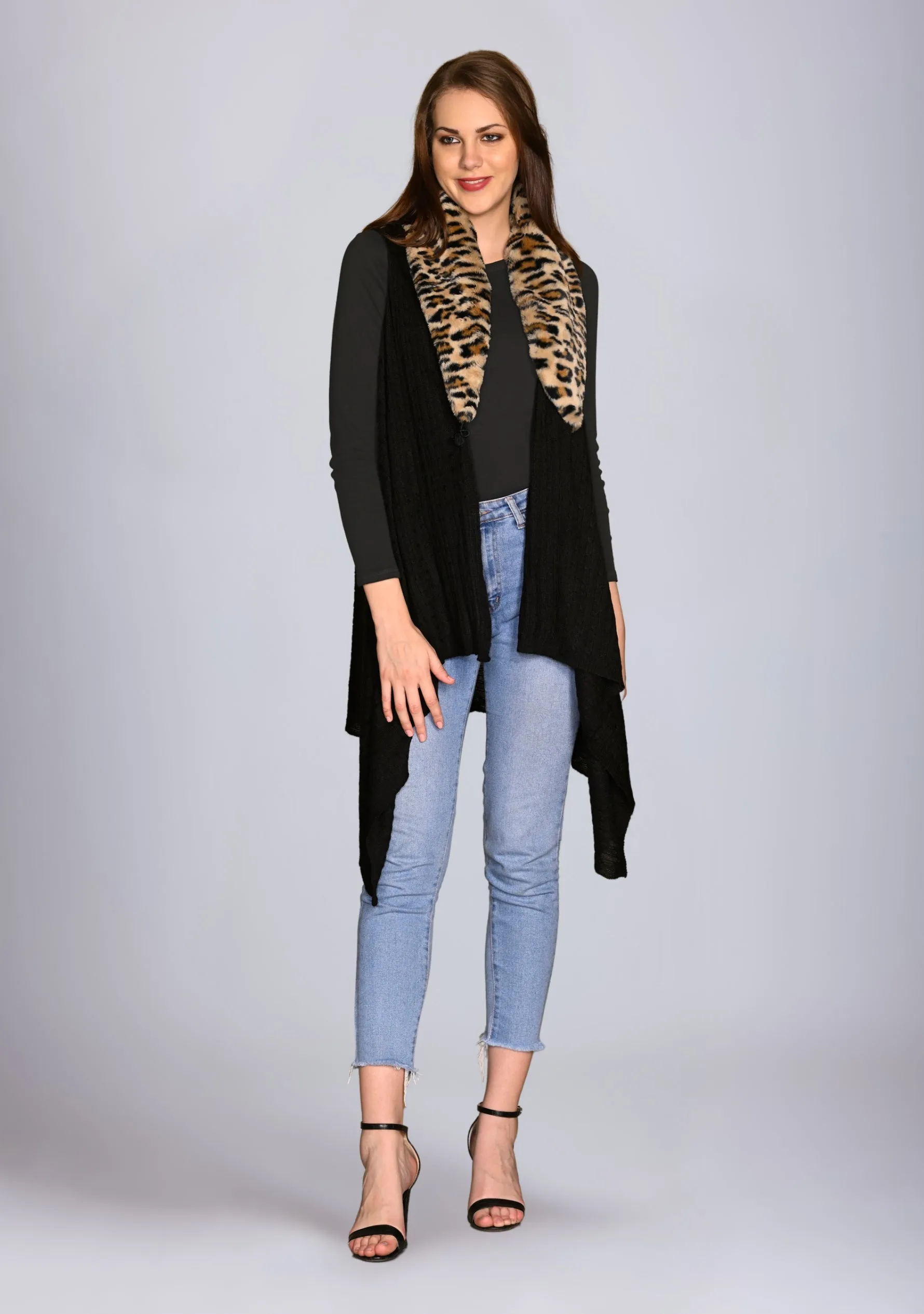 Black Cable Knit Fine Wool Sleeveless Jacket with Leopard Fur Collar