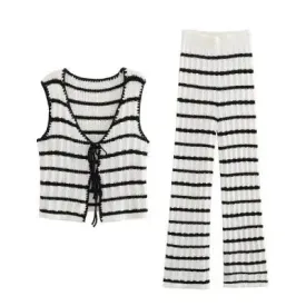 Casual Knitted Lace-up Vest Top & Trousers Set