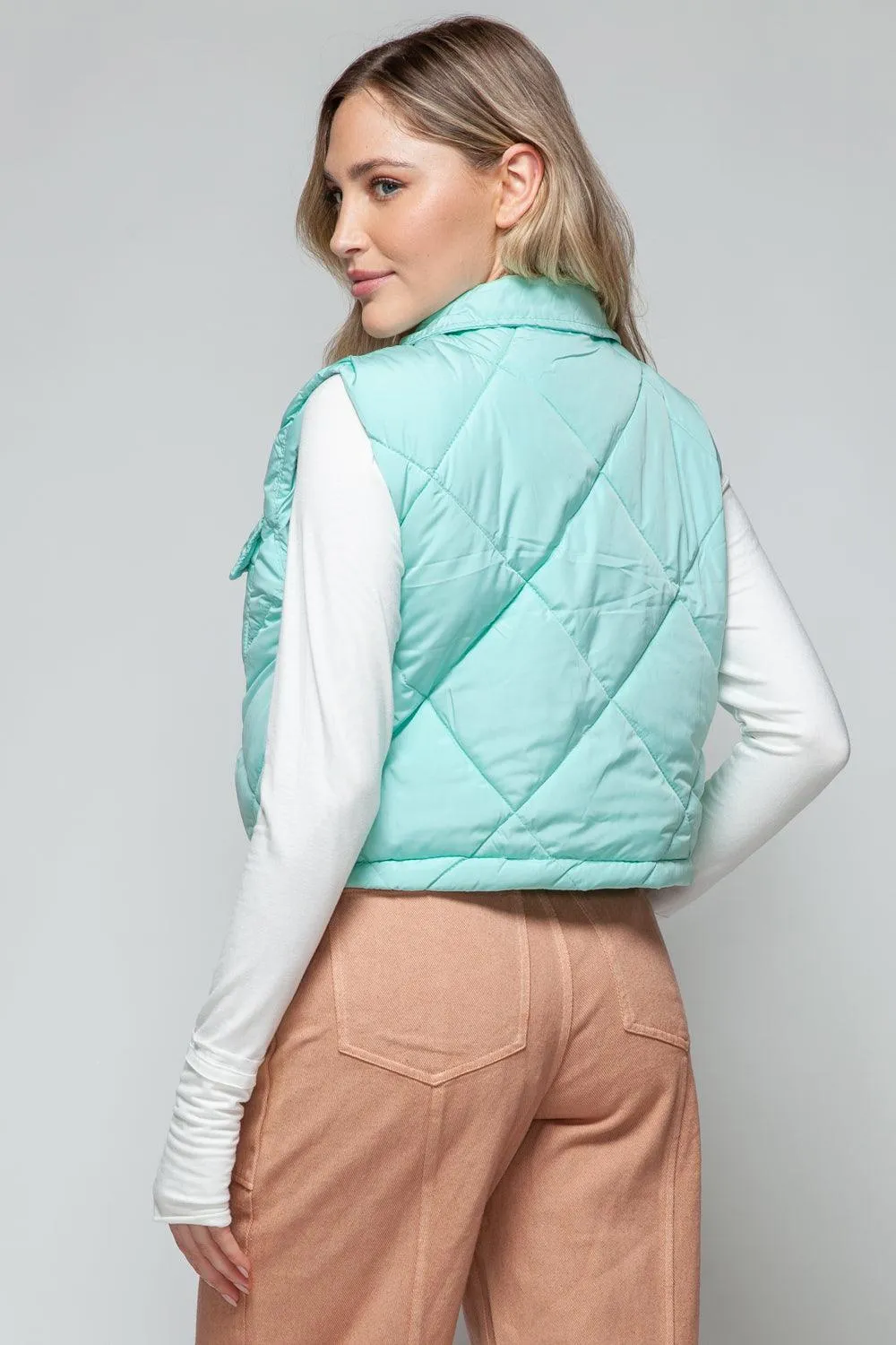 Crop Vest Snobbish Snap Down Quilted Sleeveless Green Outwear