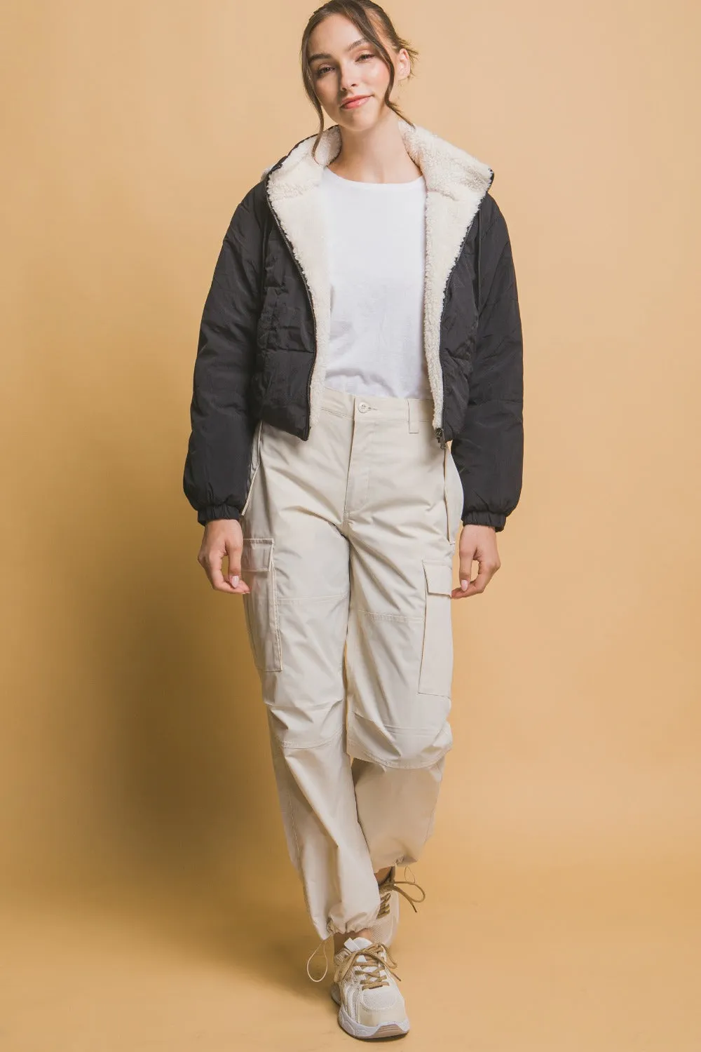 Cropped Hooded Sherpa Reversible Jacket