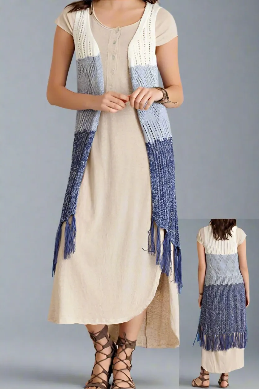 Entro Ribbed Knit Long Vest - Blue Multi