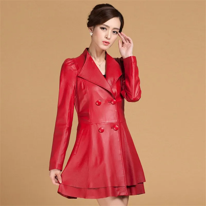 Genuine Sheep Leather Coat Jacket Skirt Version Overcoat Long Lamb Leather Dress