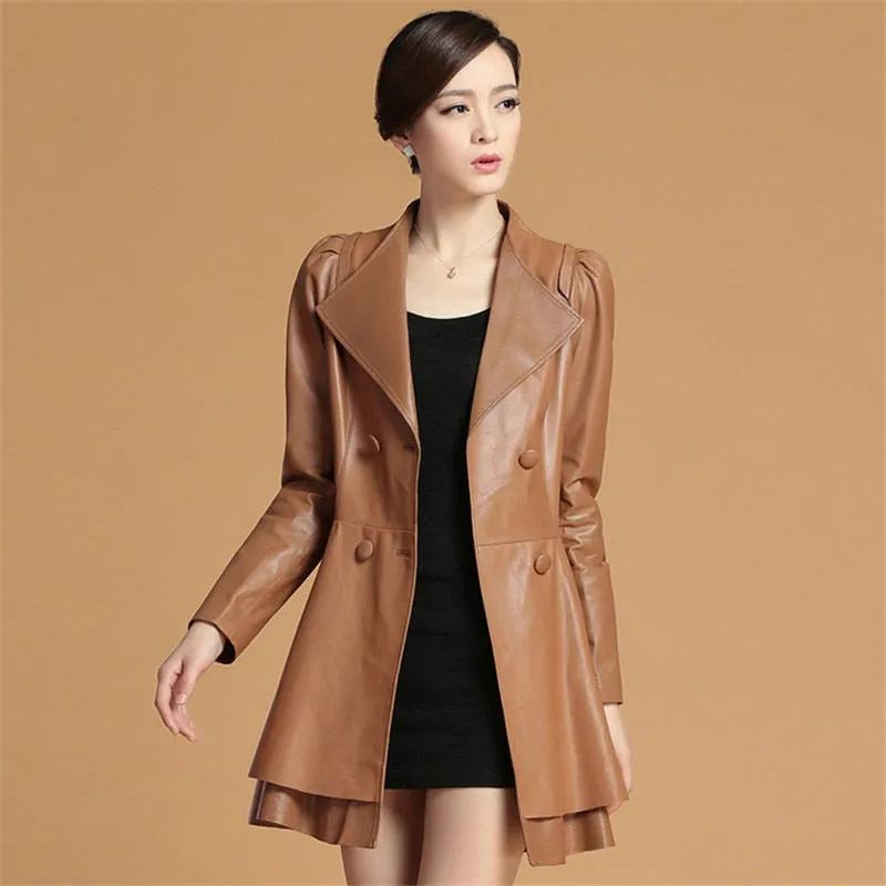 Genuine Sheep Leather Coat Jacket Skirt Version Overcoat Long Lamb Leather Dress