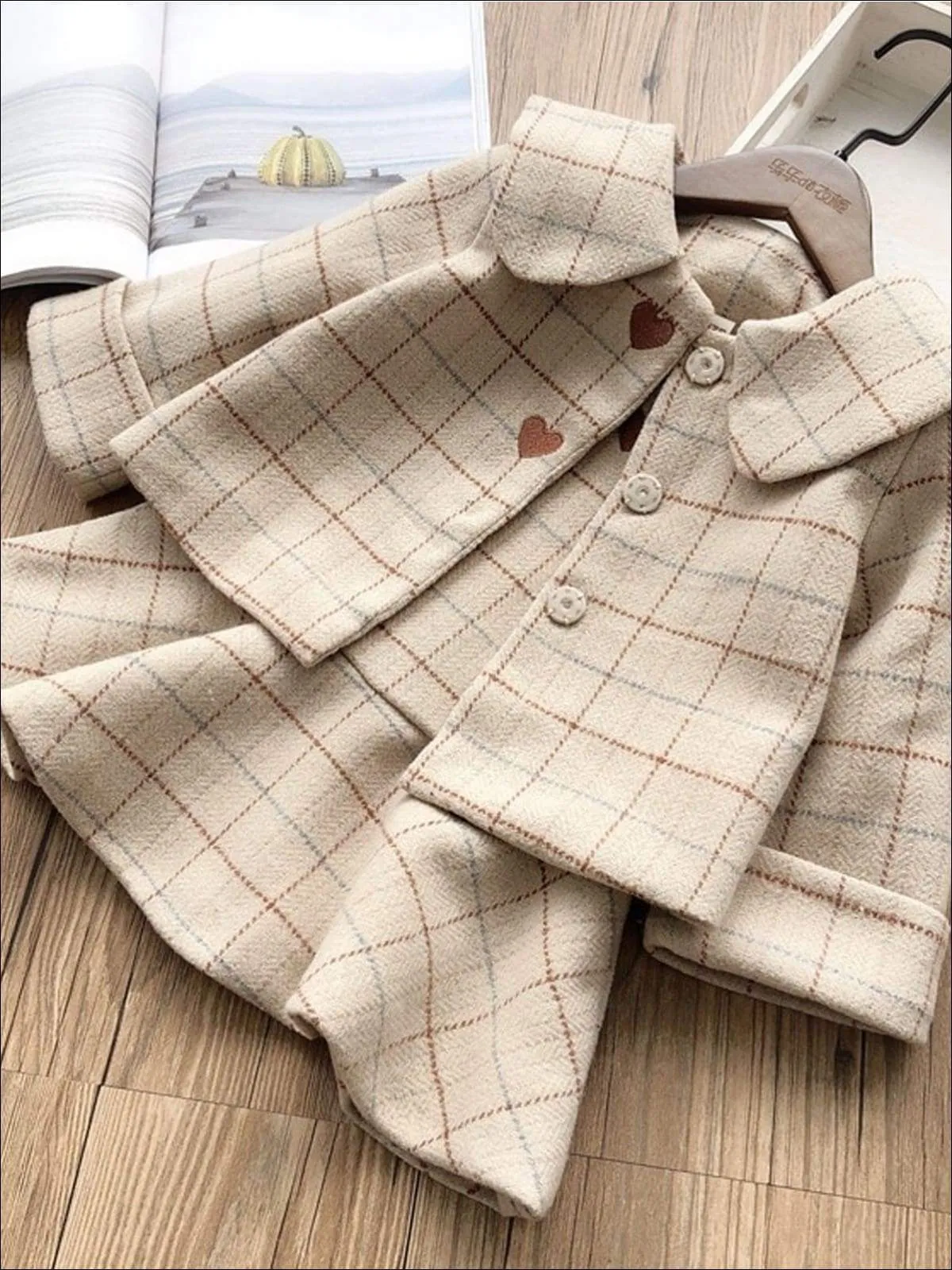 Girls Beige A-Line Plaid Dress & Matching Flat Collar Coat With Heart Detail Set