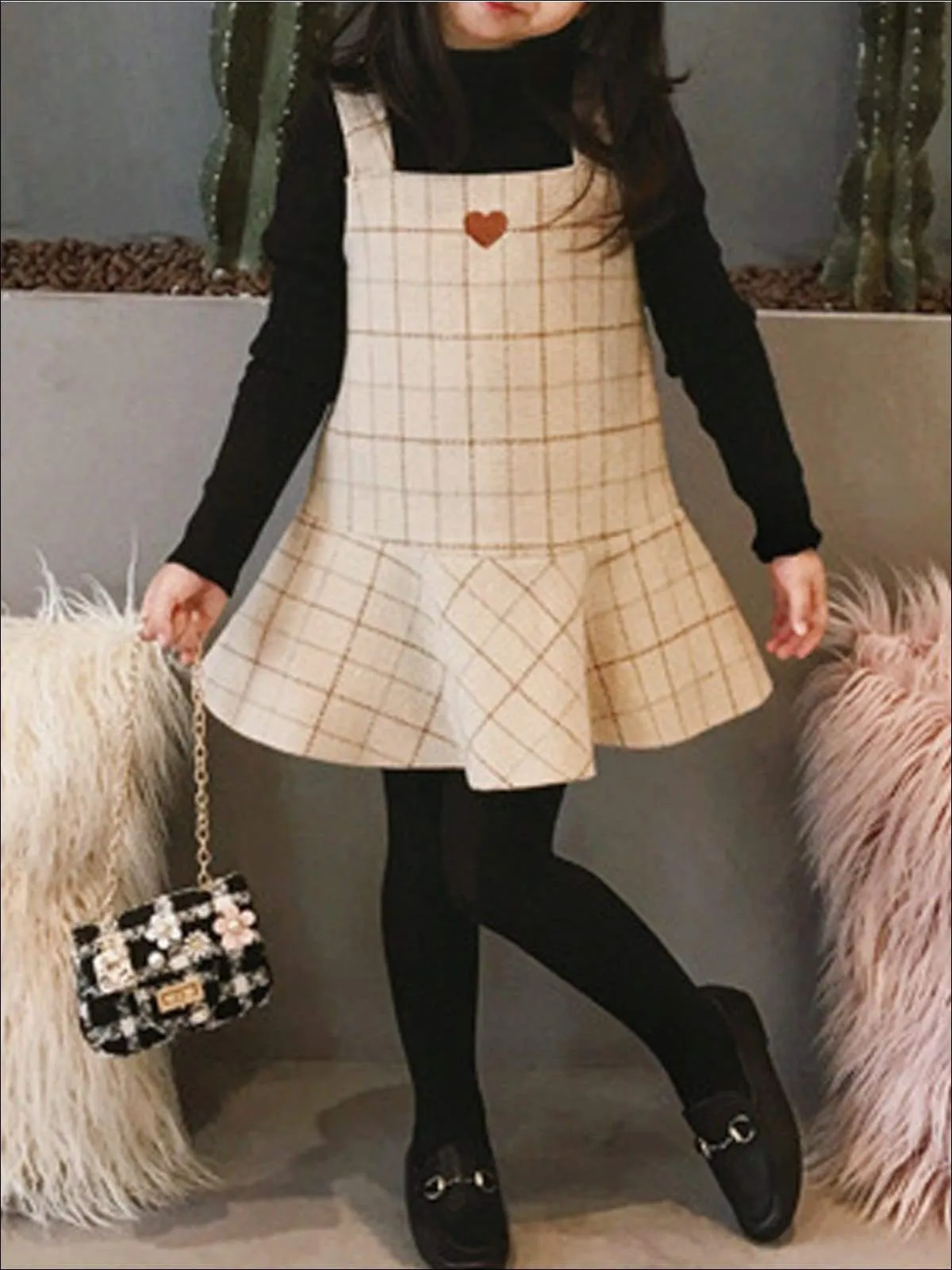 Girls Beige A-Line Plaid Dress & Matching Flat Collar Coat With Heart Detail Set