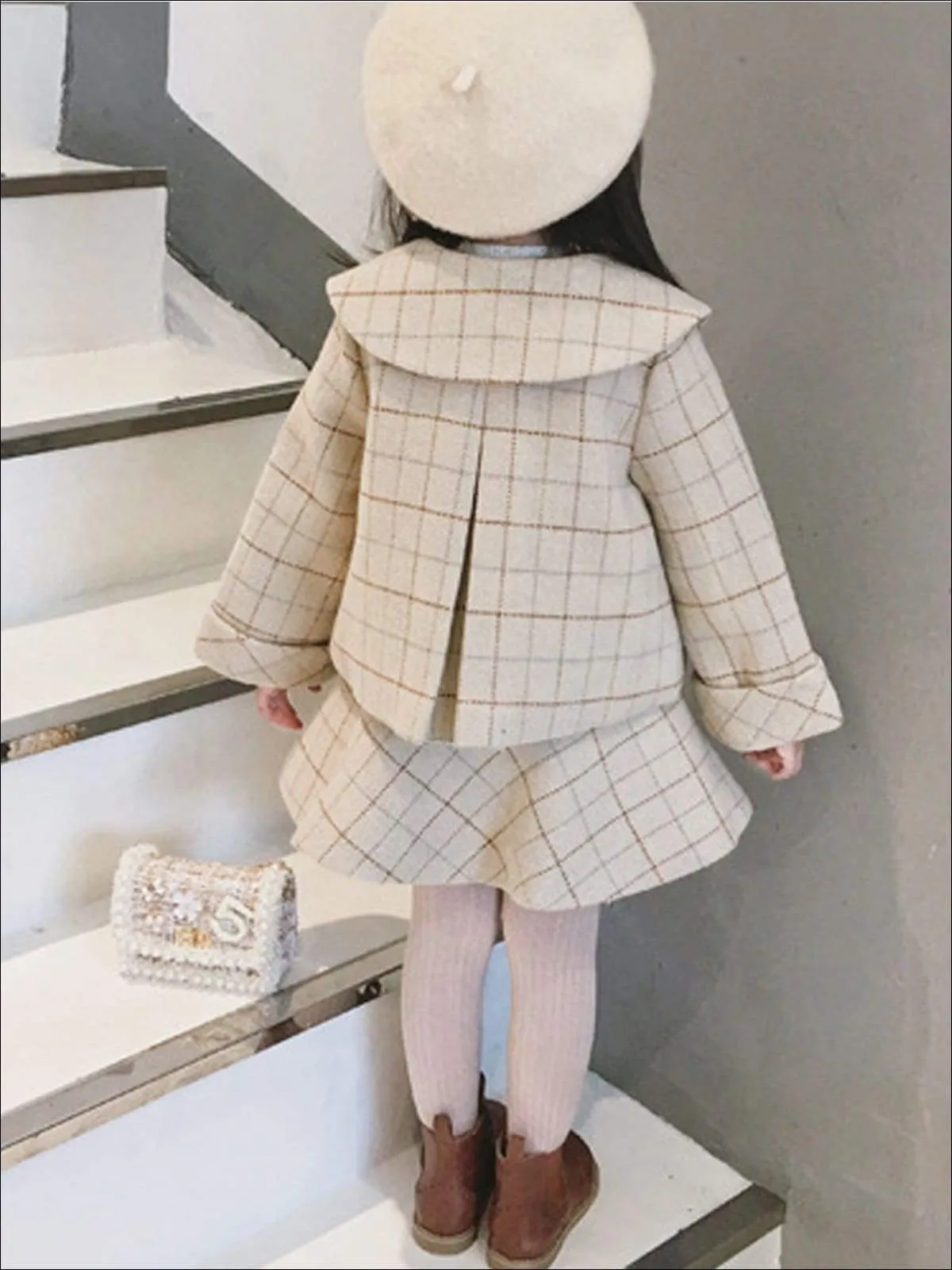 Girls Beige A-Line Plaid Dress & Matching Flat Collar Coat With Heart Detail Set