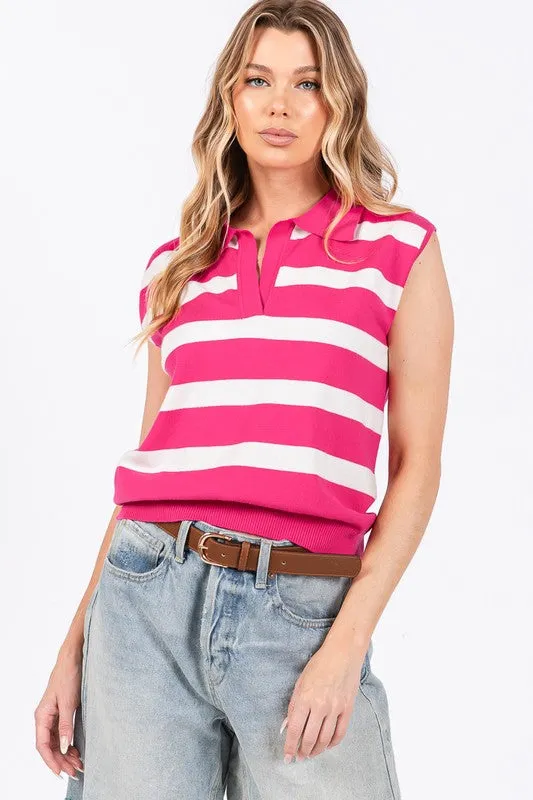 Hot Pink/White Striped Sleeveless Sweater Top