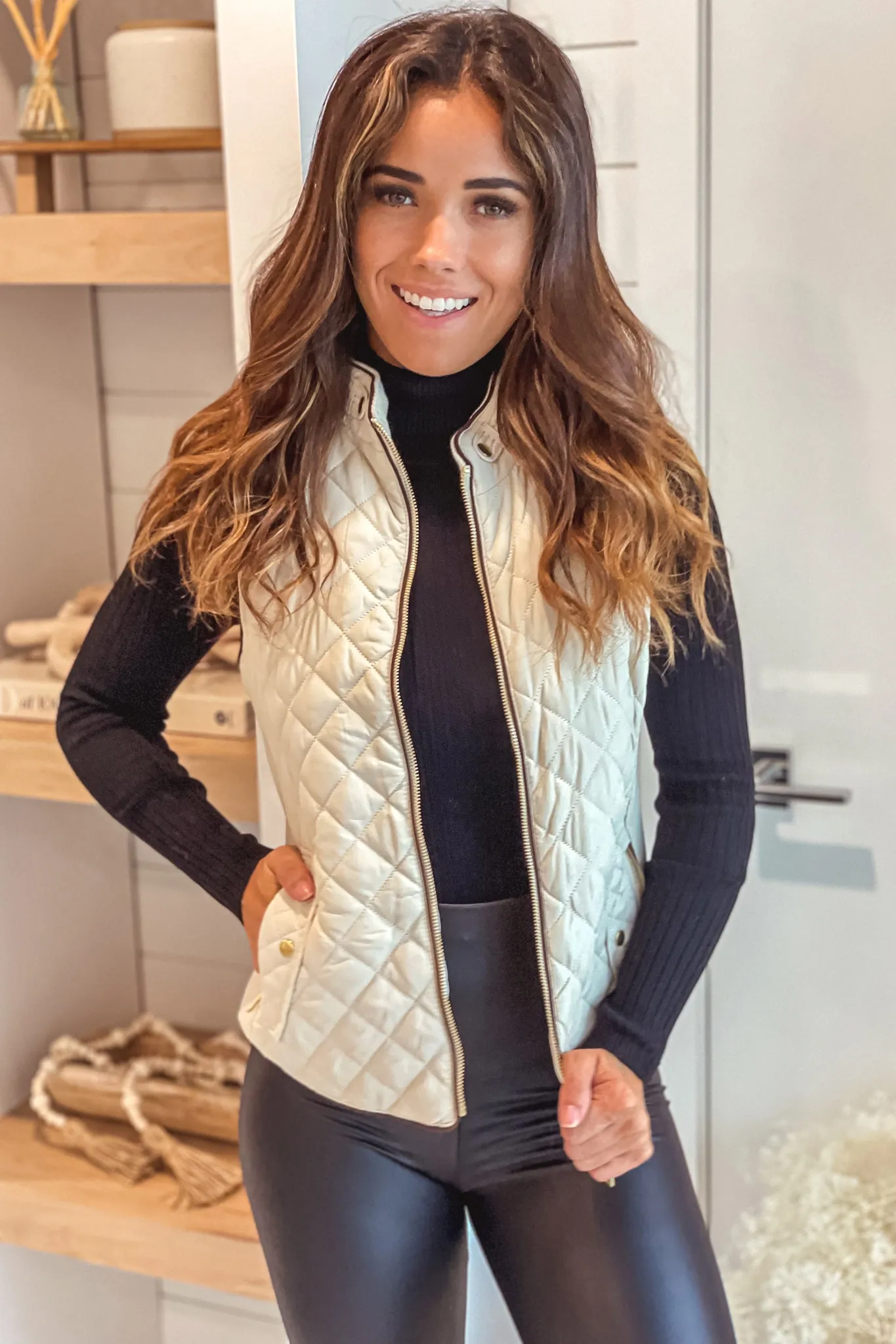 Ivory Quilted Vest with Pockets