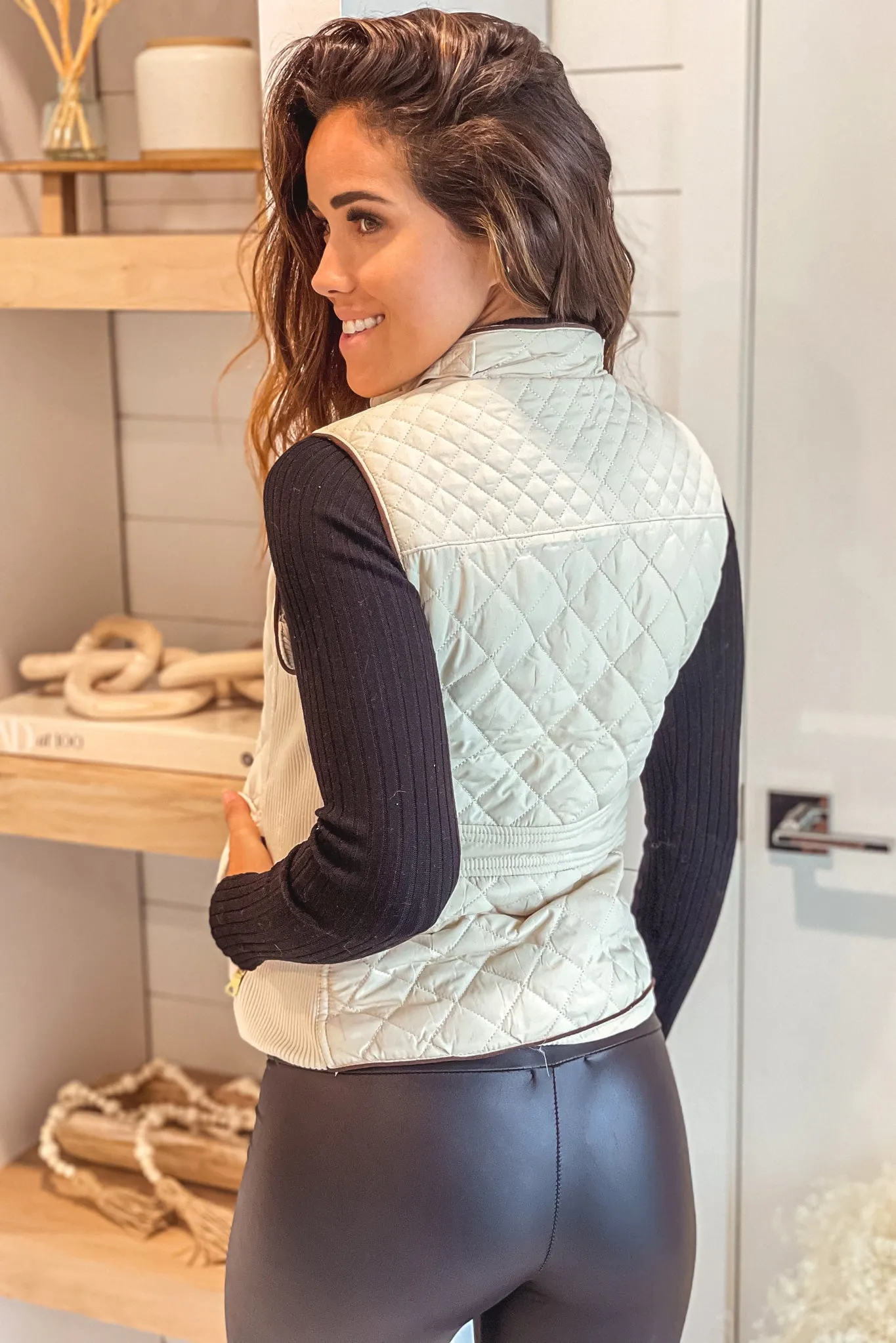 Ivory Quilted Vest with Pockets