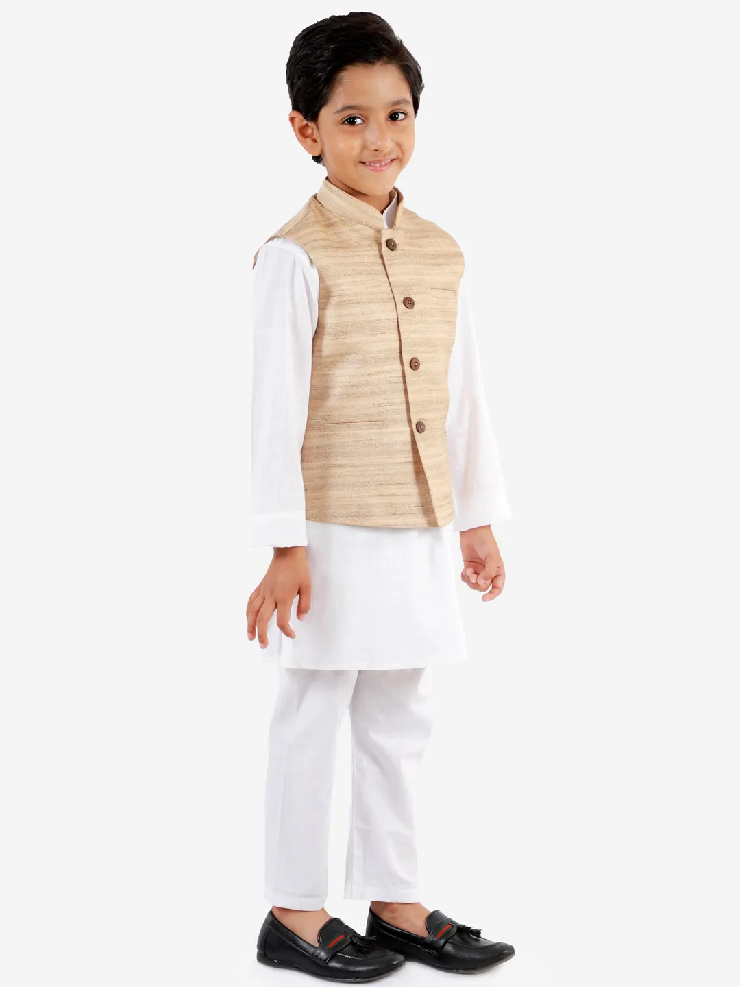 Jashvi Boys Beige And White Jacket, Kurta and Pyjama Set