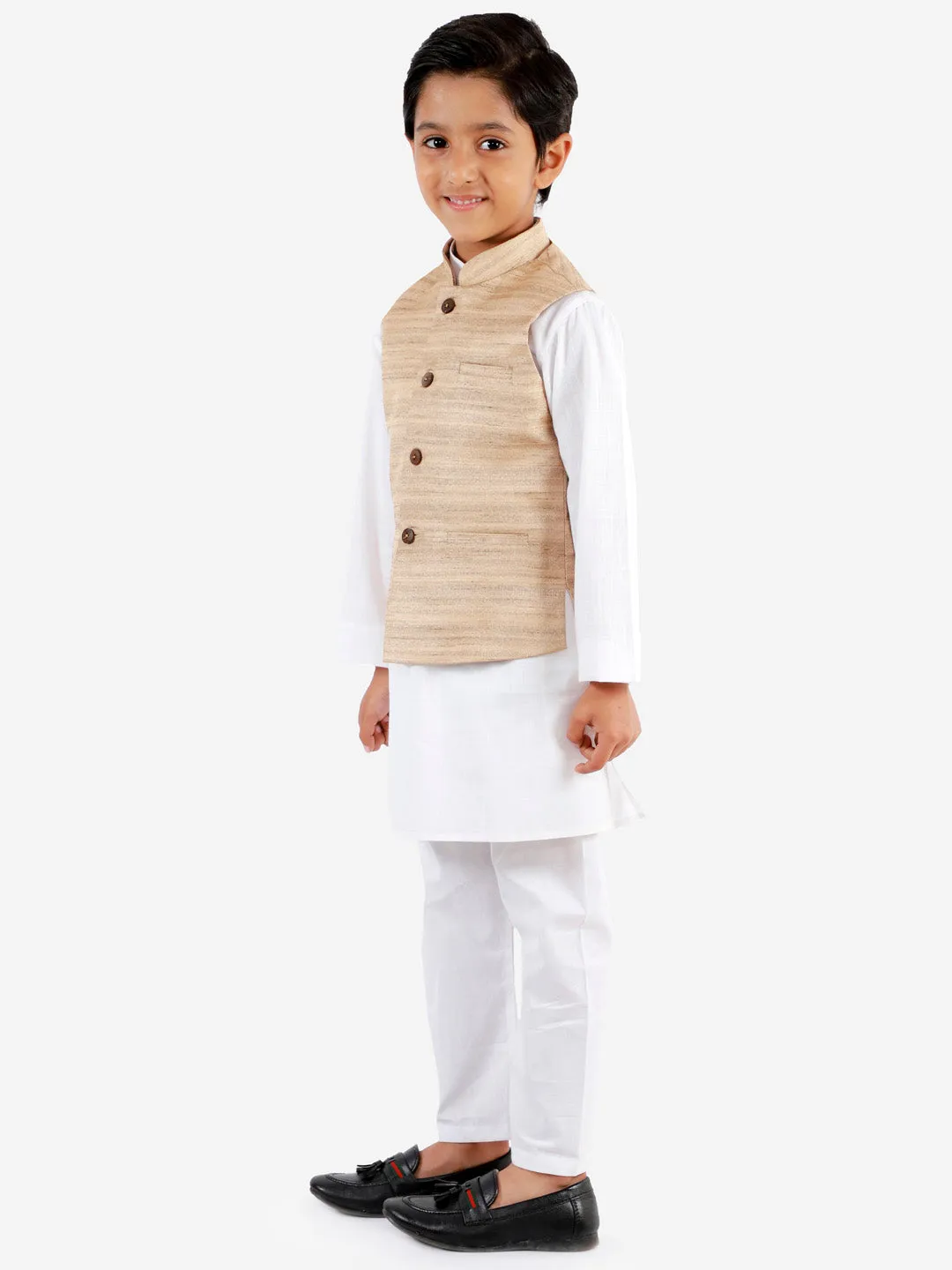 Jashvi Boys Beige And White Jacket, Kurta and Pyjama Set