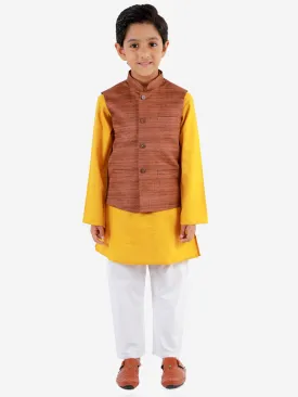 Jashvi Boys Coffee Brown, Mustard And White Jacket, Kurta and Pyjama Set