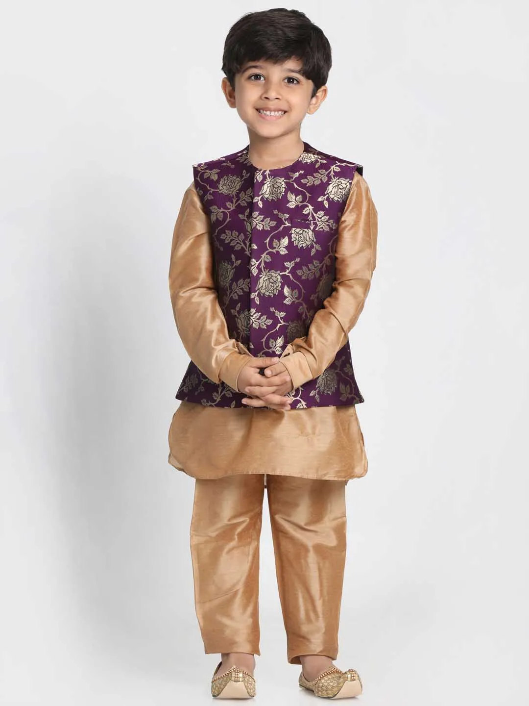 Jashvi Boys' Purple Cotton Silk Blend Nehru Jacket