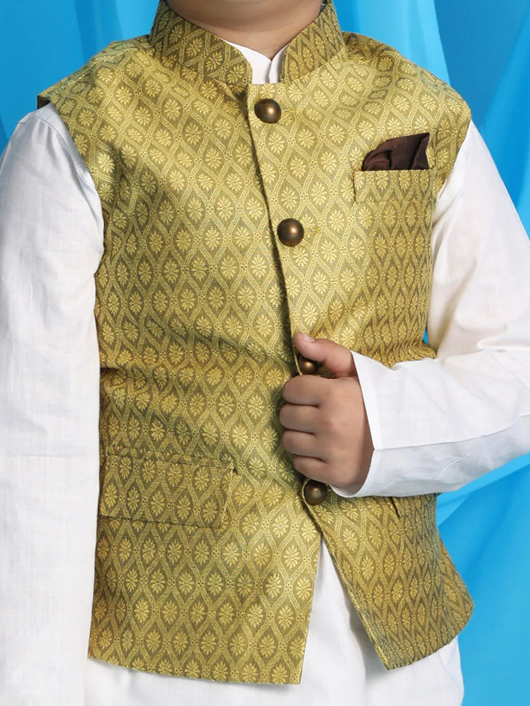 Jashvi Boys Yellow Woven Design Nehru Jacket With White Kurta And Pyjama Set