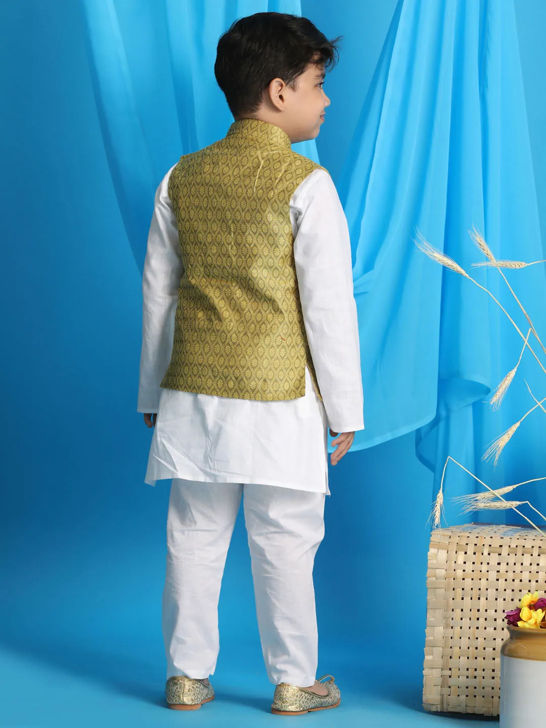 Jashvi Boys Yellow Woven Design Nehru Jacket With White Kurta And Pyjama Set