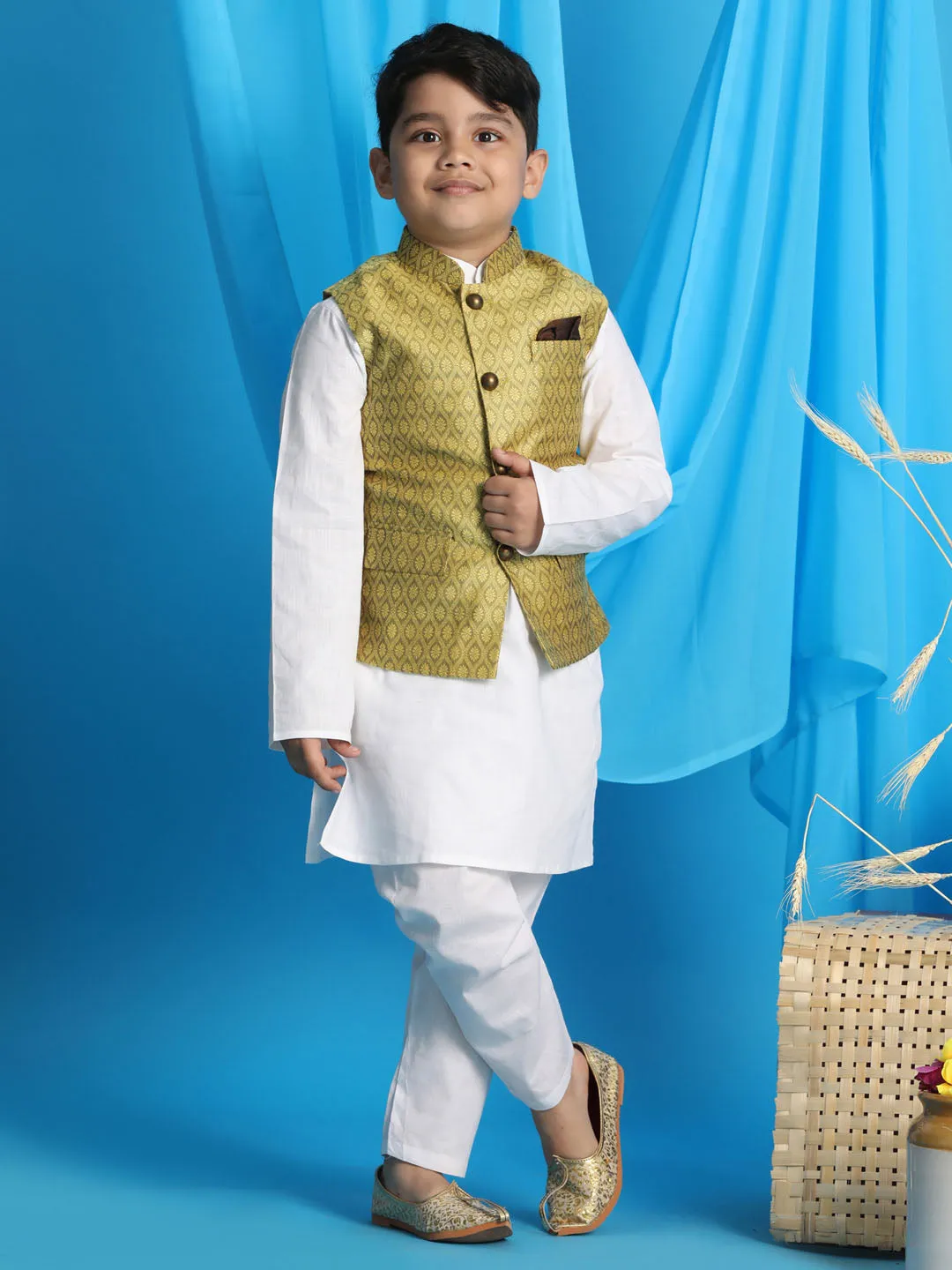 Jashvi Boys Yellow Woven Design Nehru Jacket With White Kurta And Pyjama Set