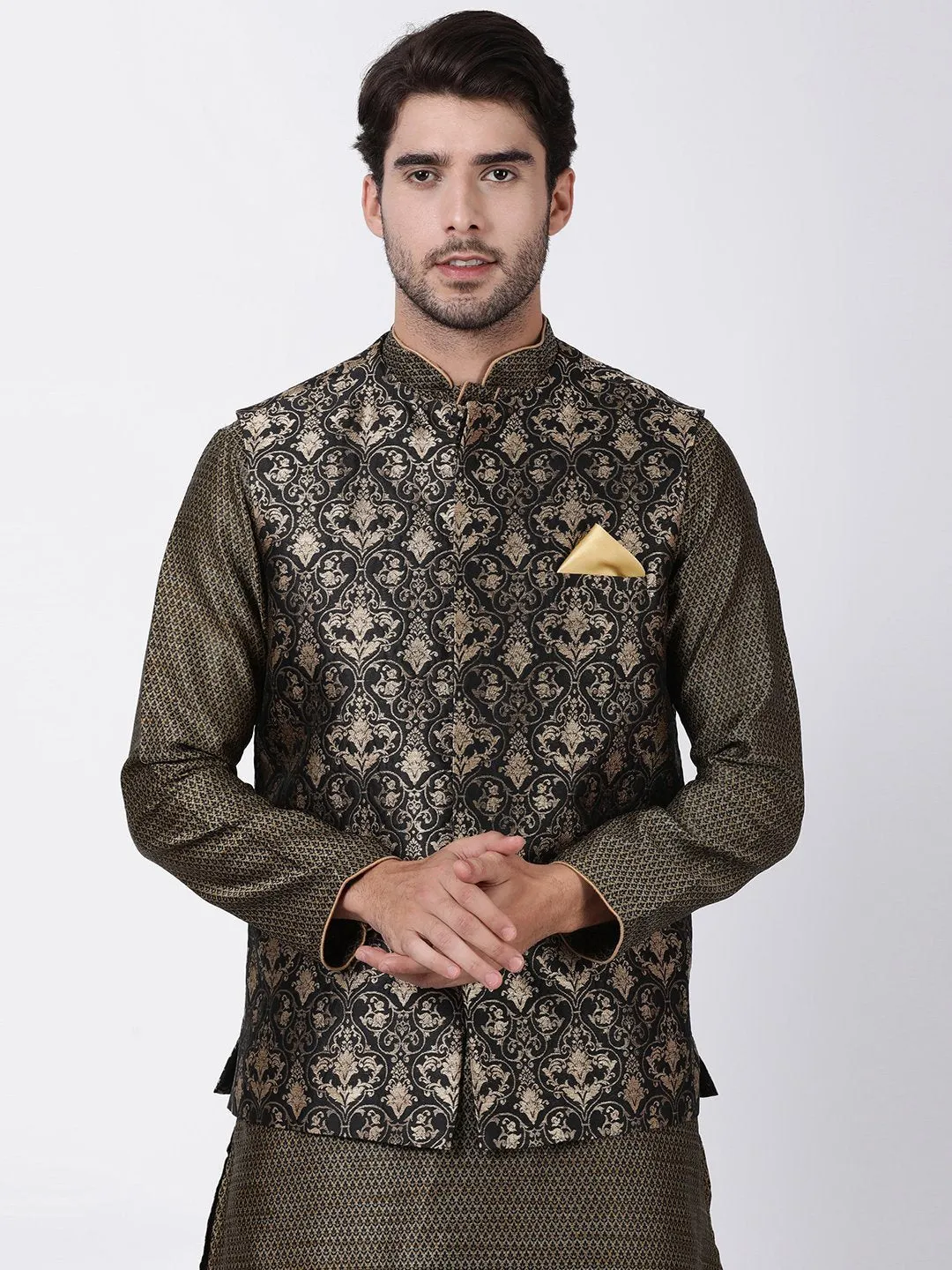 Jashvi Men's Black Silk Blend Ethnic Jacket