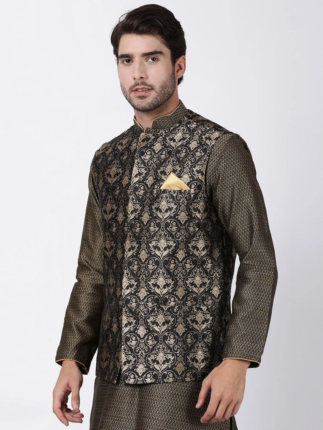 Jashvi Men's Black Silk Blend Ethnic Jacket