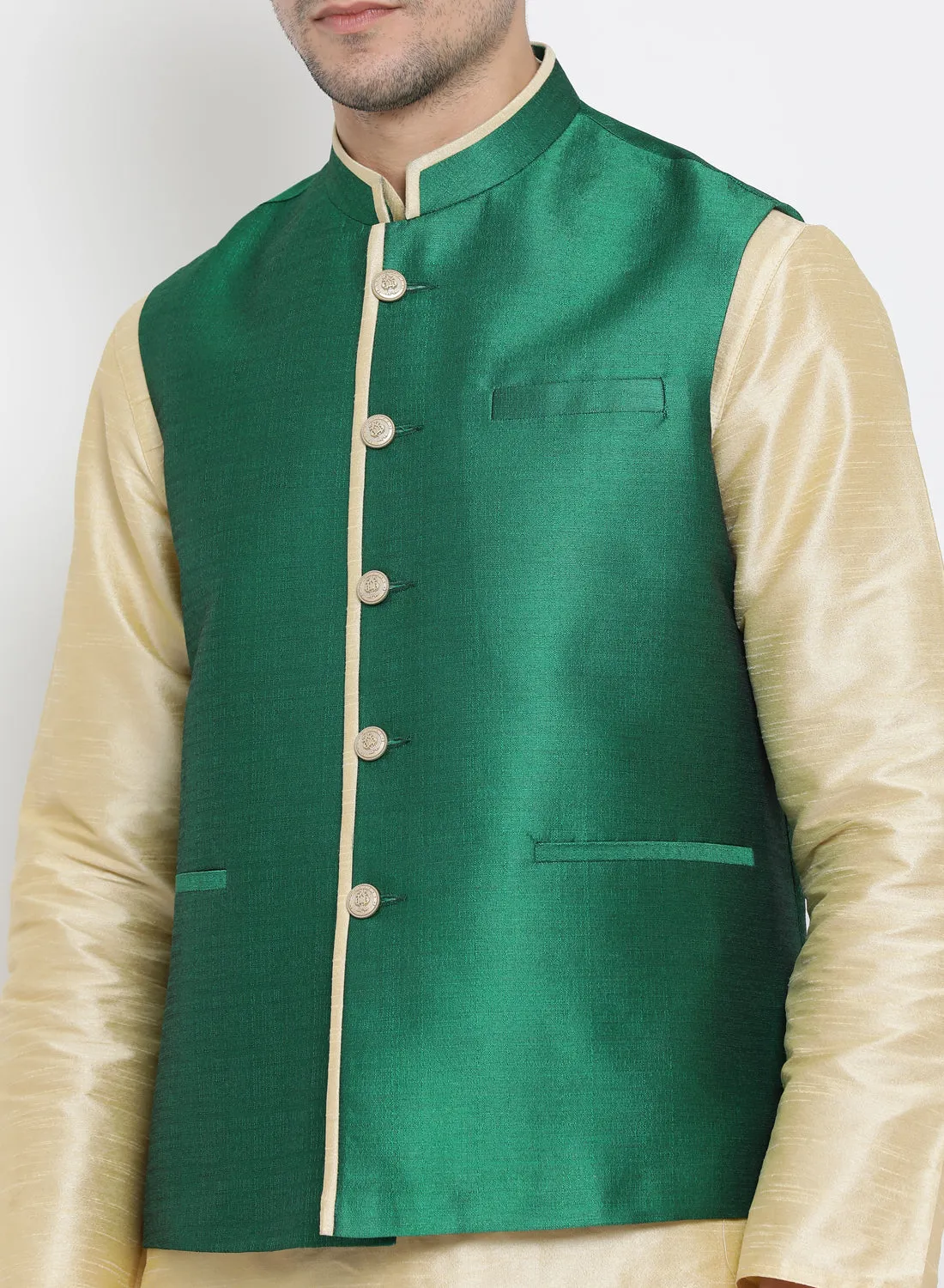 Jashvi Men's Green Cotton Silk Blend Ethnic Jacket