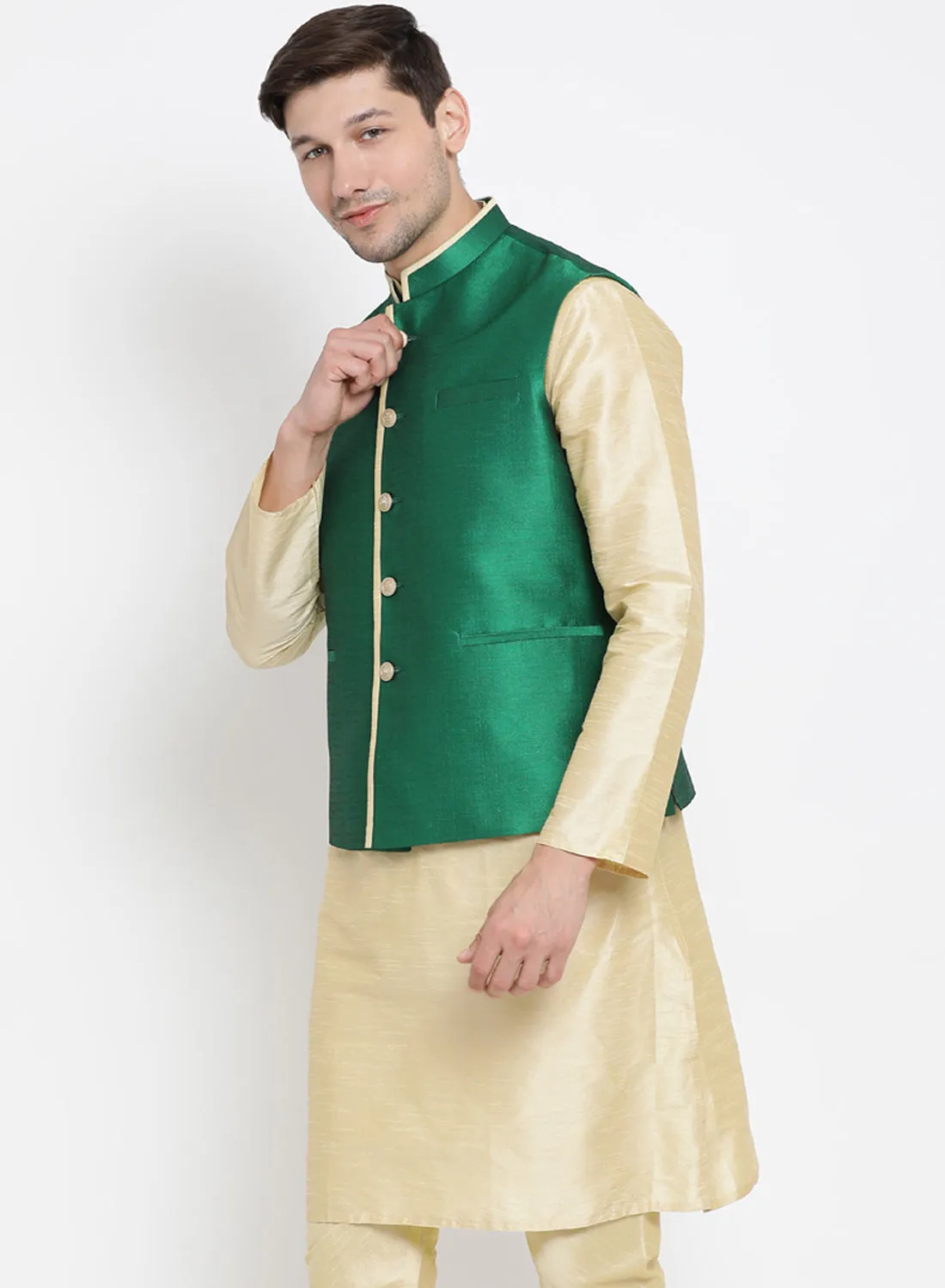 Jashvi Men's Green Cotton Silk Blend Ethnic Jacket