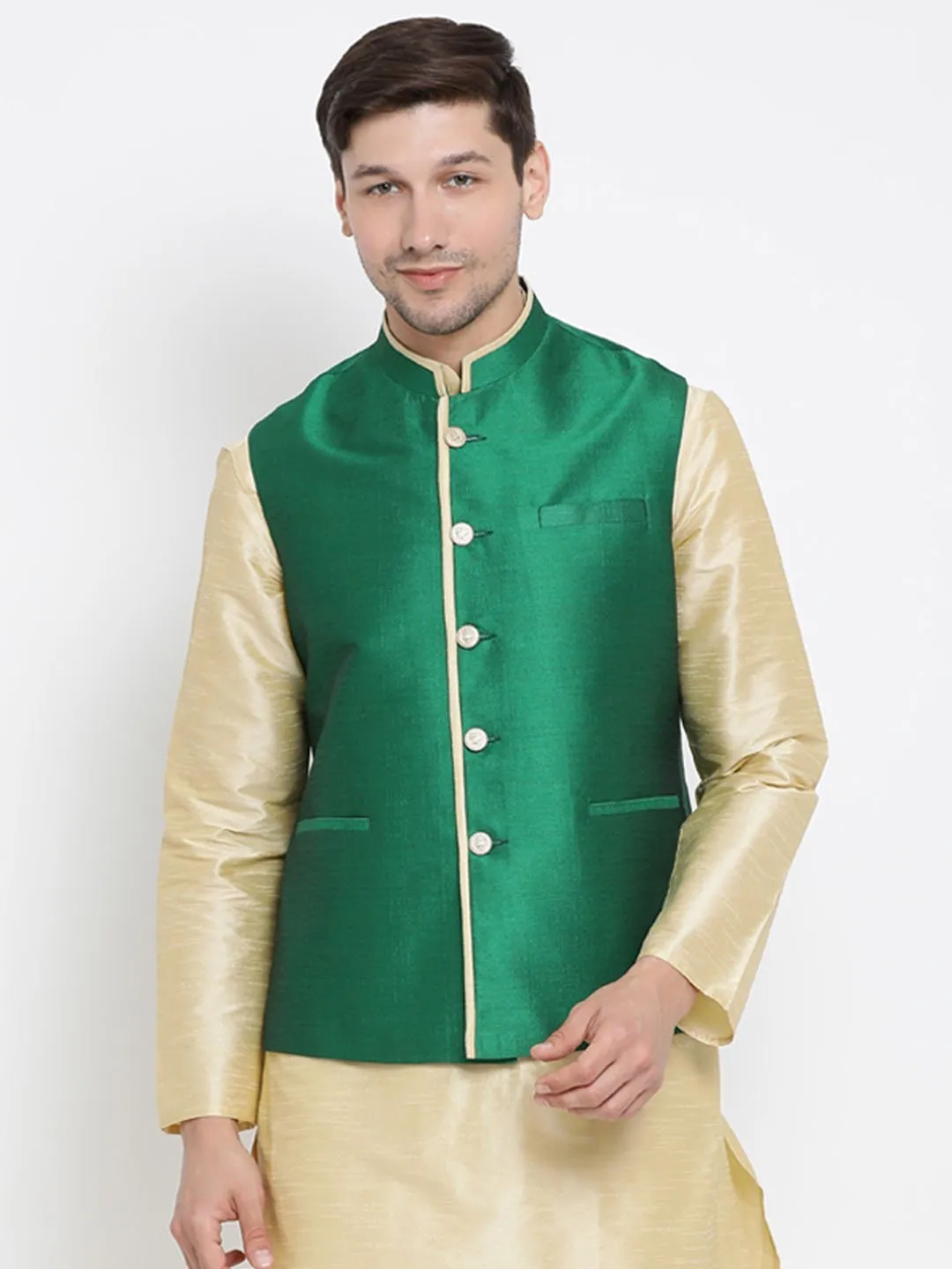 Jashvi Men's Green Cotton Silk Blend Ethnic Jacket