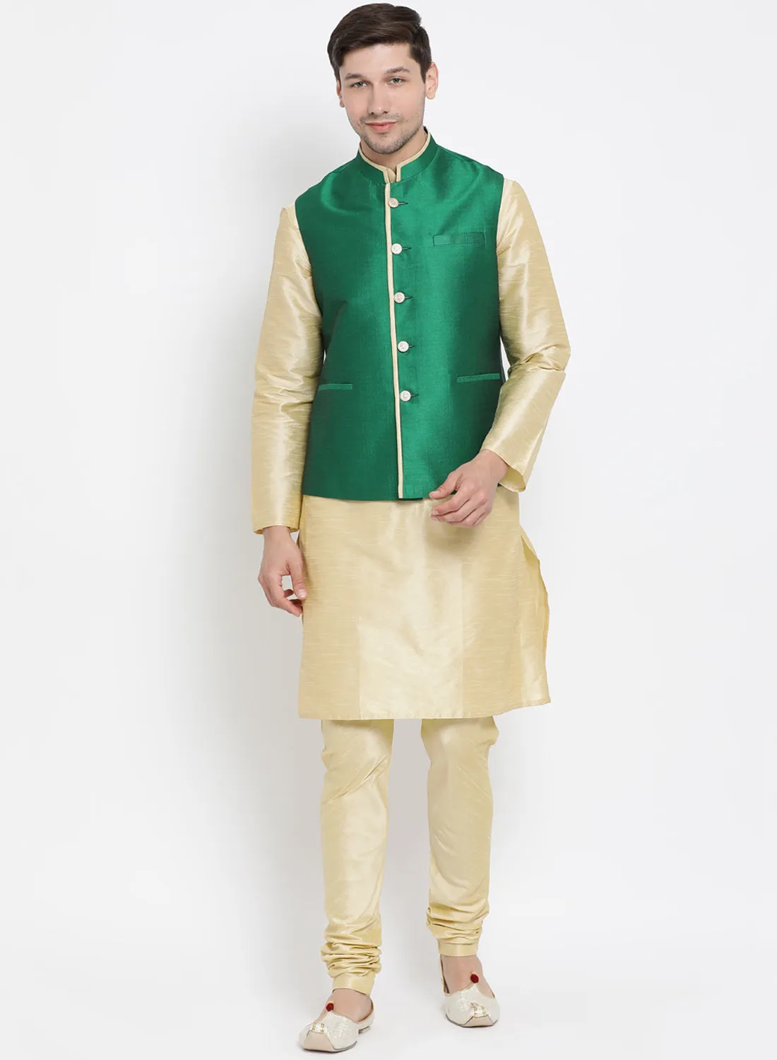 Jashvi Men's Green Cotton Silk Blend Ethnic Jacket