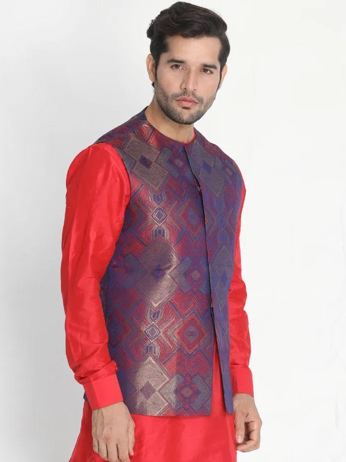 Jashvi Men's Red Silk Blend Ethnic Jacket