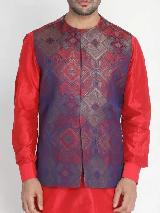 Jashvi Men's Red Silk Blend Ethnic Jacket