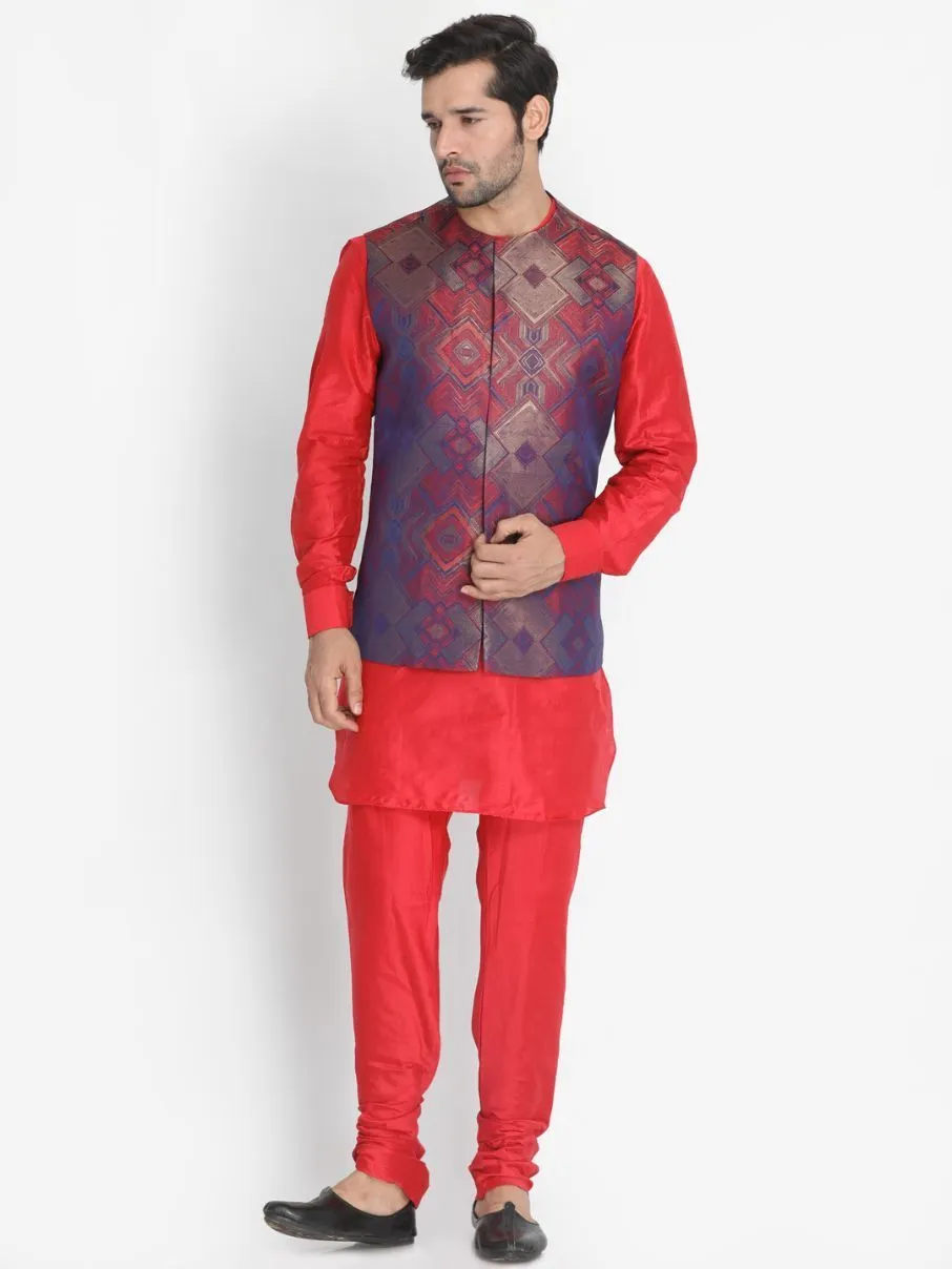 Jashvi Men's Red Silk Blend Ethnic Jacket