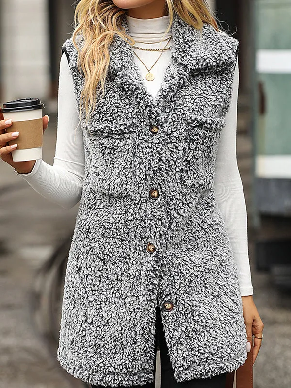 Lapel Sleeveless Long Loose Casual Faded Puff Velvet Cardigan Vest