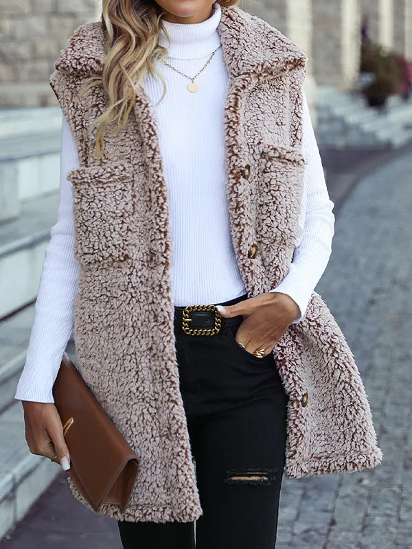 Lapel Sleeveless Long Loose Casual Faded Puff Velvet Cardigan Vest