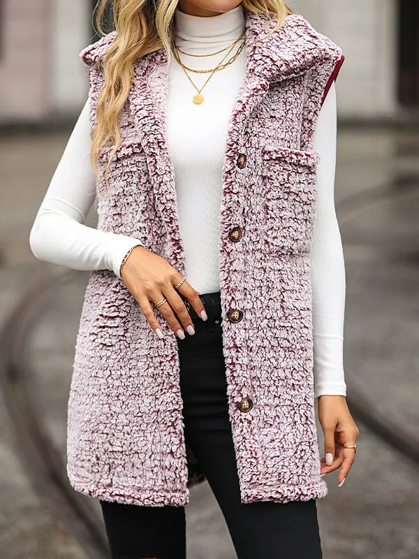 Lapel Sleeveless Long Loose Casual Faded Puff Velvet Cardigan Vest