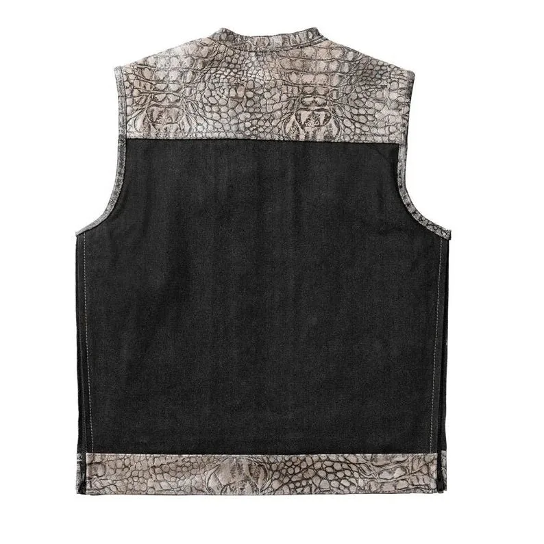 Leather Vest, Crocodile Plated Leather Grey Wax Motorcycle Men's Vest Denim Vest Black Vest