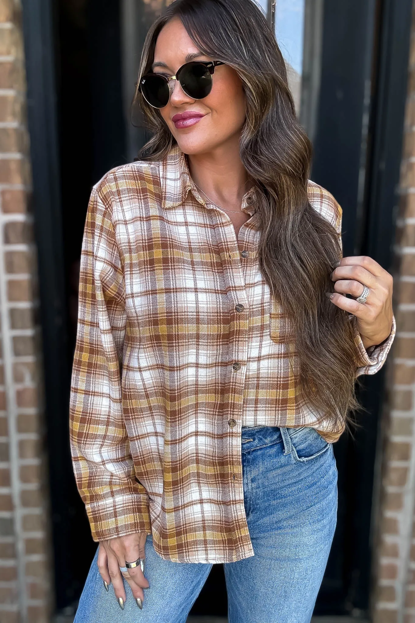 Long Plaid Terra Print Button Down Shirt