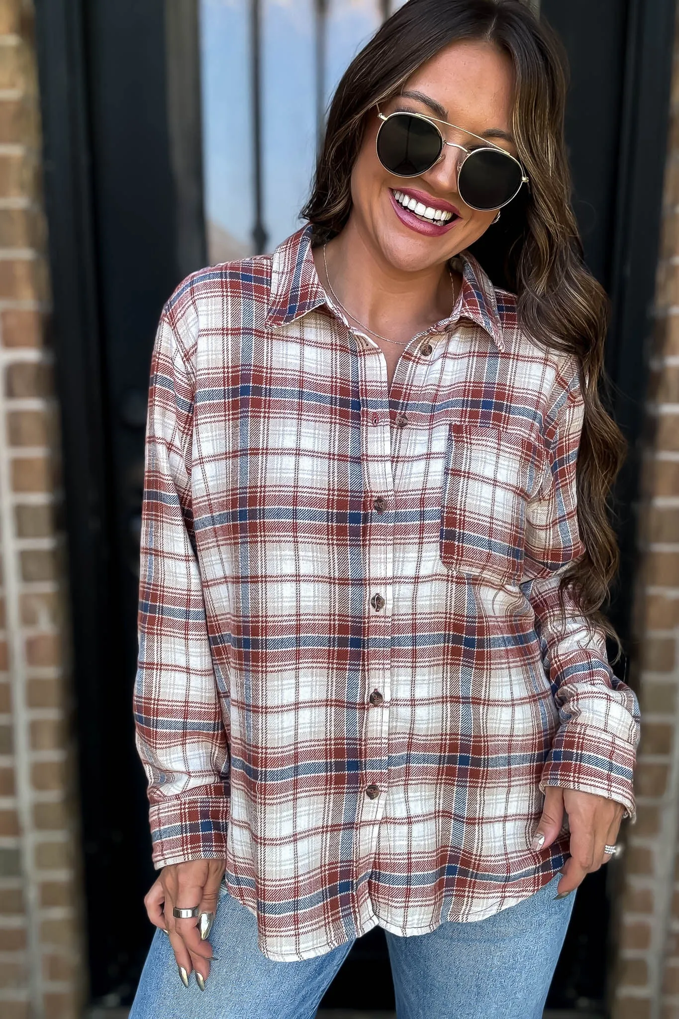 Long Plaid Terra Print Button Down Shirt