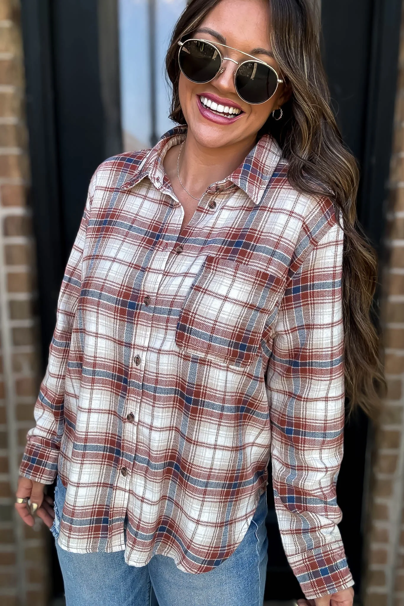 Long Plaid Terra Print Button Down Shirt