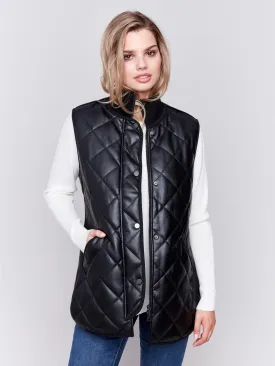 Long Quilted Faux Leather Vest - Black