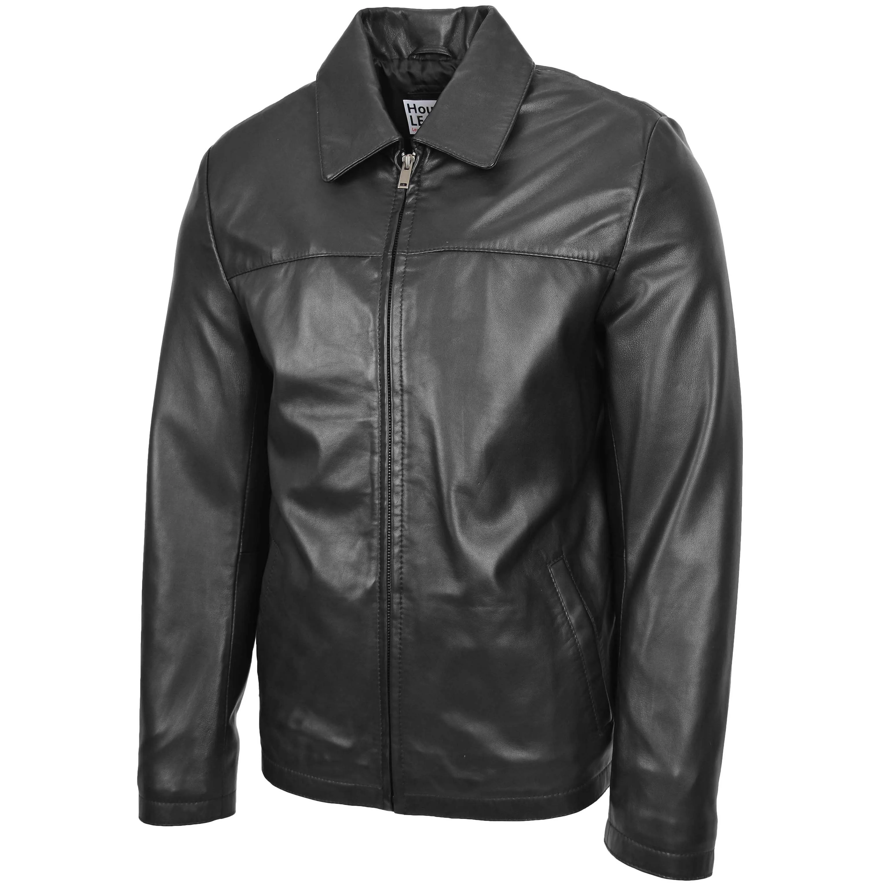 Mens Leather Zip Box Harrington Jacket James Black