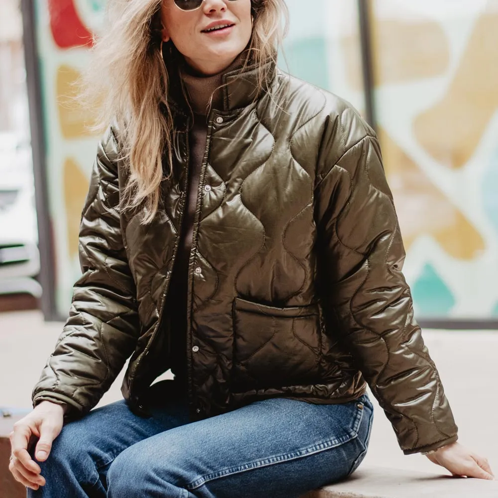 Olive Wholesale Button Up Quilted PUFFER Jacket