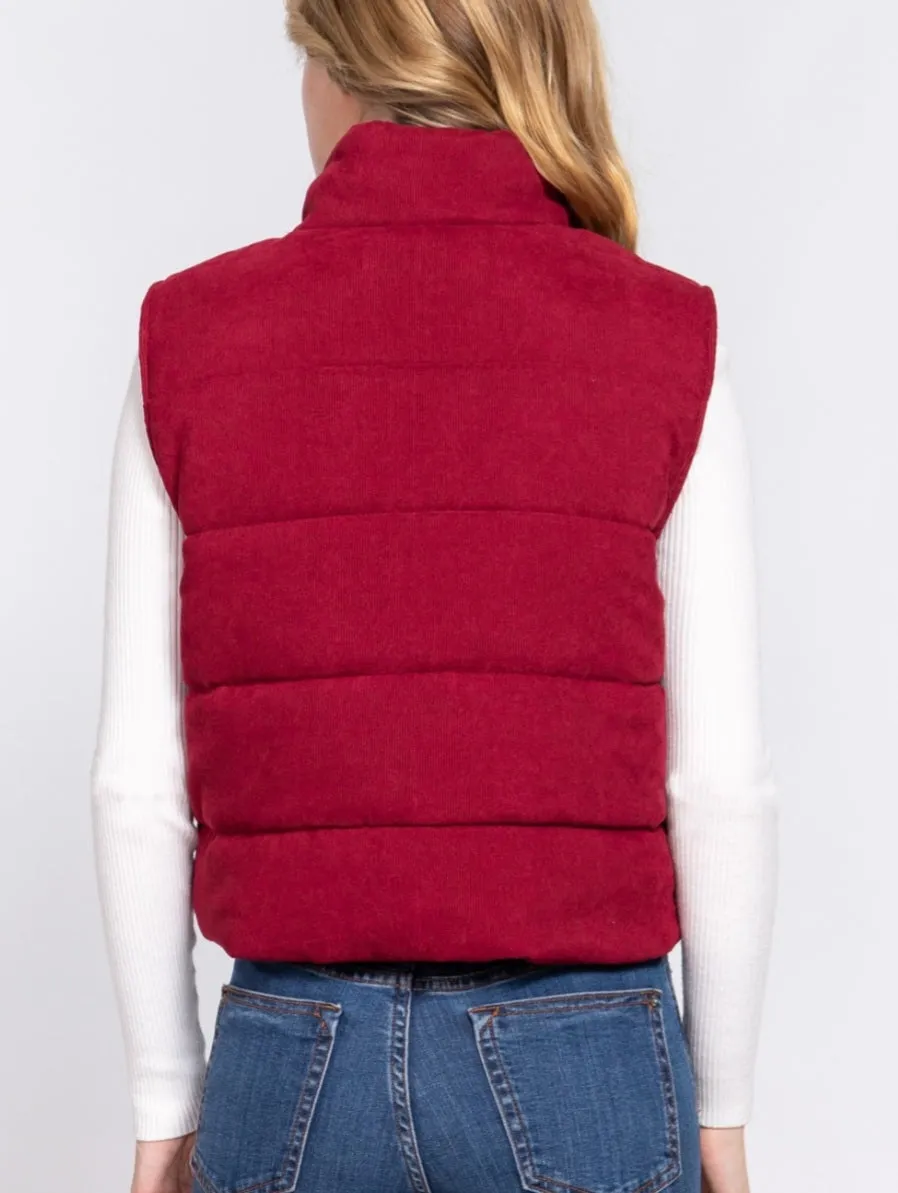 Rae Corduroy Puffer Vest - Burgundy