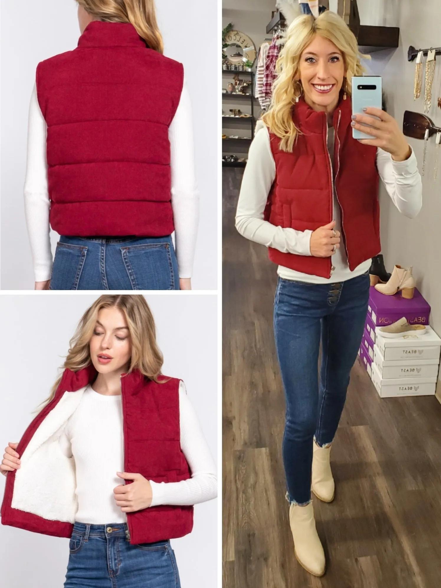 Rae Corduroy Puffer Vest - Burgundy