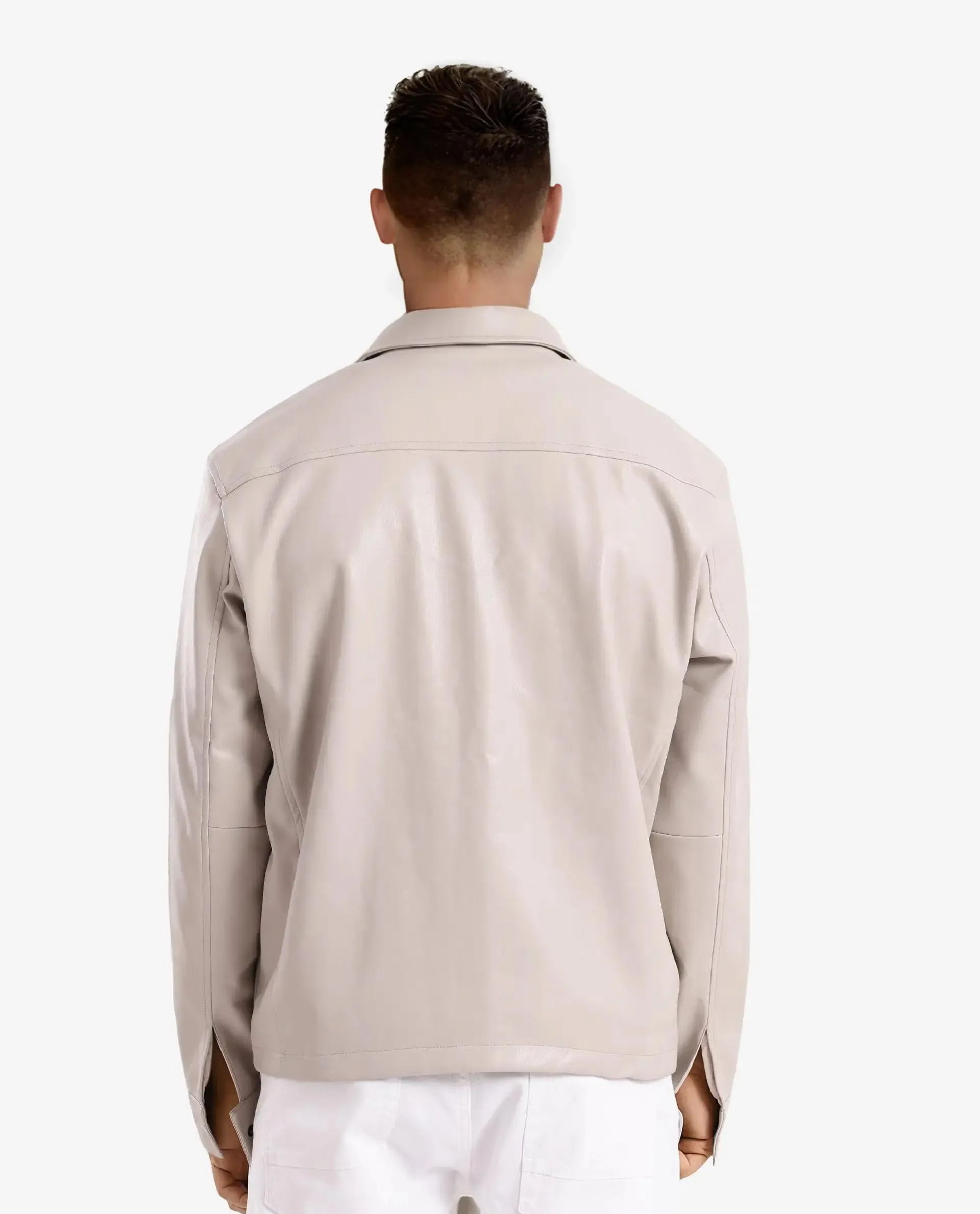 Rare Rabbit Men Morat Beige Faux Leather Full Sleeve Spread Collar Zipper Closure Plain Jacket