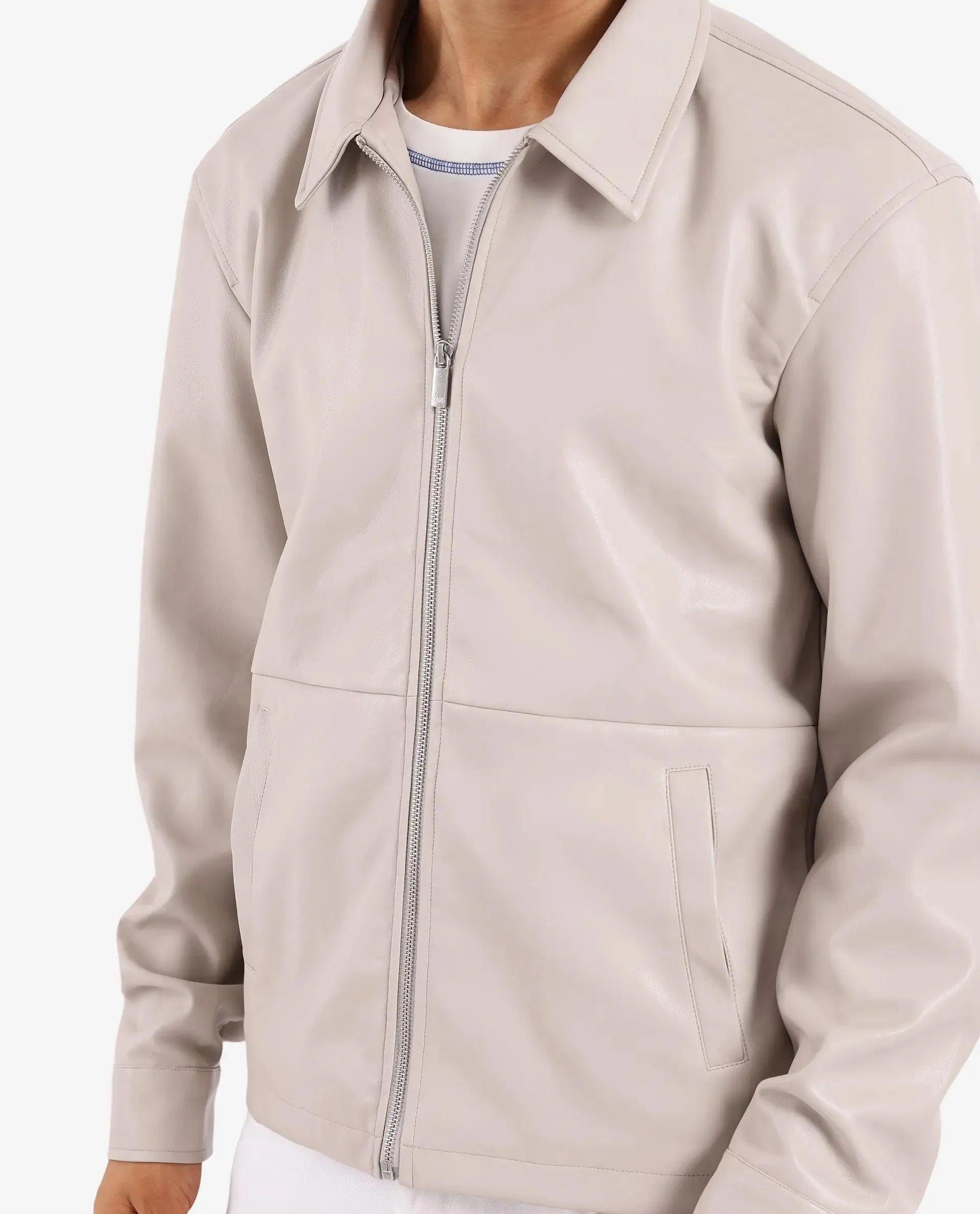 Rare Rabbit Men Morat Beige Faux Leather Full Sleeve Spread Collar Zipper Closure Plain Jacket