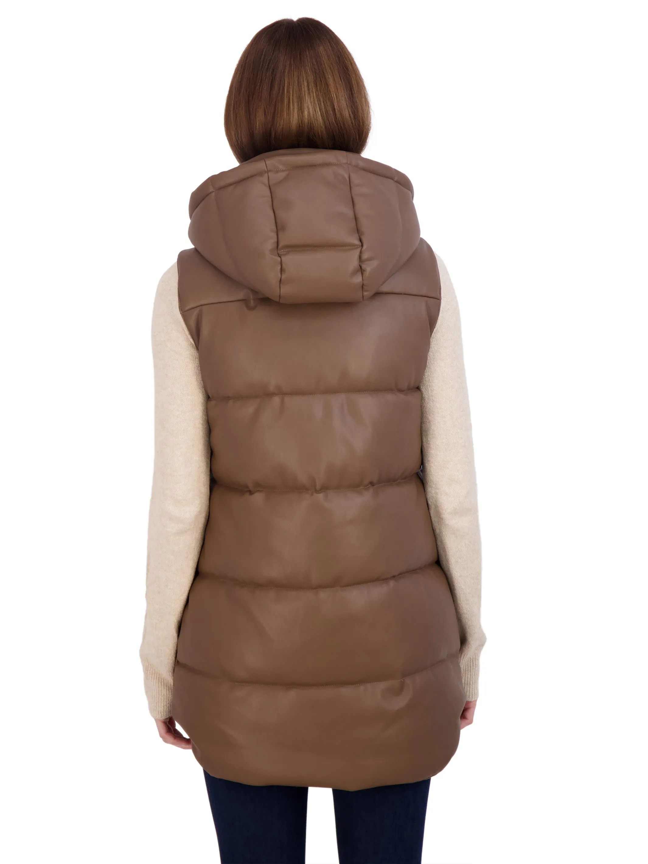 Sebby Collection Women's Puffer Faux Leather Vest with Hood