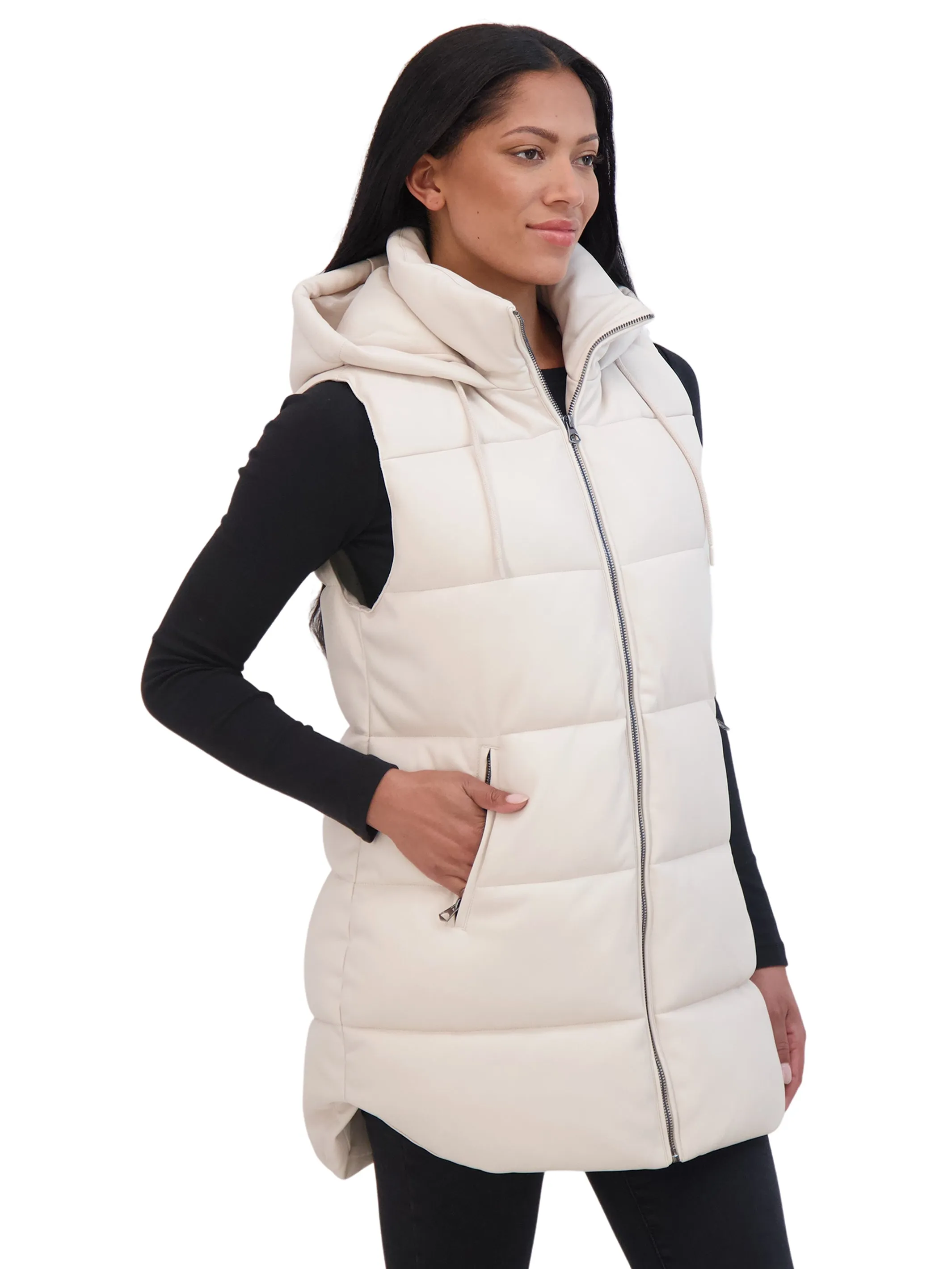 Sebby Collection Women's Puffer Faux Leather Vest with Hood