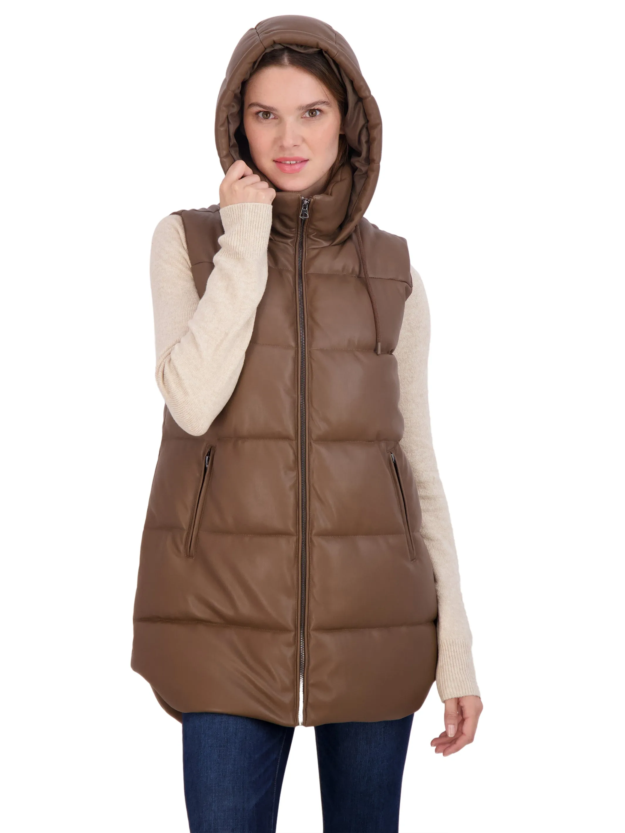 Sebby Collection Women's Puffer Faux Leather Vest with Hood